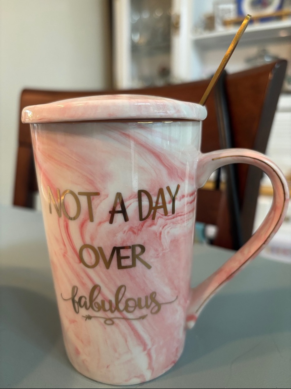 Pink Marble 'Not a Day Over Fabulous' Lidded Ceramic Mug